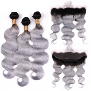 #T 1B/Grey Body Wave Ombre Colored Hair Weaves With Lace Frontal 13X4 JCXT-150