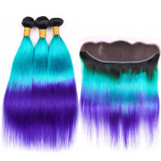#T 1B/Light Blue/Blue Straight Ombre Colored Hair Weaves With Lace Frontal 13X4 JCXT-73
