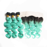 #T 1B/Mint Green Body Wave Ombre Colored Hair Weaves With Lace Frontal 13X4 JCXT-326