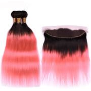 #T 1B/Pink Straight Ombre Colored Hair Weaves With Lace Frontal 13X4 JCXT-17