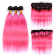 #T 1B/Pink Straight Ombre Colored Hair Weaves With Lace Frontal 13X4 JCXT-24