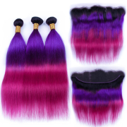 #T 1B/Purple/Rose Red Straight Ombre Colored Hair Weaves With Lace Frontal 13X4 JCXT-75
