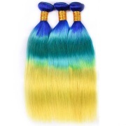 Blue/Light Blue/Yellow Straight Three Tone Hair Bundles Remy Human Hair Weft XTHW-84