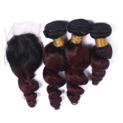 #T 1B/99J Dark Wine Loose Wave Ombre Colored Hair Bundles With Lace Closure 4X4 JCXT-251