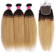 #T 1B/27 Honey Blonde Kinky Straight Ombre Colored Hair Bundles With Lace Closure 4X4 JCXT-37