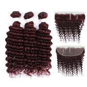 #99J Dark Wine Deep Wave Pure Colored Hair Weaves With Lace Frontal 13X4 JCXT-323