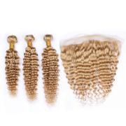 #27 Honey Blonde Deep Wave Pure Colored Hair Weaves With Lace Frontal 13X4 JCXT-347