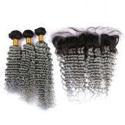 #T 1B/Grey Deep Wave Ombre Colored Hair Weaves With Lace Frontal 13X4 JCXT-359