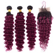 #T 1B/Purple Deep Wave Ombre Colored Hair Bundles With Lace Closure 4X4 JCXT-365