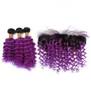 #T 1B/Purple Deep Wave Ombre Colored Hair Weaves With Lace Frontal 13X4 JCXT-360