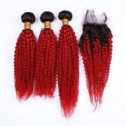 #T 1B/Red Kinky Curly Ombre Colored Hair Bundles With Lace Closure 4X4 JCXT-361