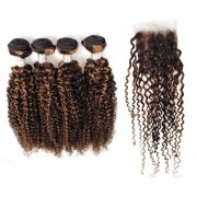 #P 4/27 Kinky Curly Piano Color Highlight Hair Weave Bundles With Lace Closure 4X4 JCXT-370 #P 4/27 Kinky Curly Piano Color Highlight Hair Weave Bundles With Lace Closure 4X4 JCXT-370