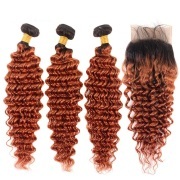 #T 1B/Ginger Orange Deep Wave Ombre Colored Hair Bundles With Lace Closure 4X4 JCXT-378