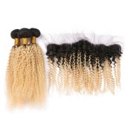 kinky Curly T 1B/613 Blonde Hair Bundles With Lace Frontal 13X4 JCXT-221