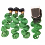 #T 1B/Emerald Green Body Wave Ombre Colored Hair Bundles With Lace Closure 4X4 JCXT-375