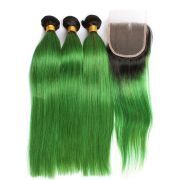 #T 1B/Emerald Green Straight Ombre Colored Hair Bundles With Lace Closure 4X4 JCXT-374