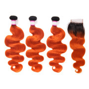 #T 1B/Orange Body Wave Ombre Colored Hair Bundles With Lace Closure 4X4 JCXT-376