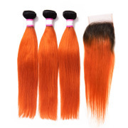 #T 1B/Orange Straight Ombre Colored Hair Bundles With Lace Closure 4X4 JCXT-373