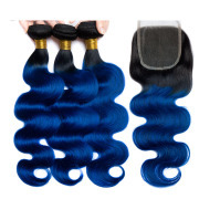 #T 1B/Dark Blue Body Wave Ombre Colored Hair Bundles With Lace Closure 4X4 JCXT-137