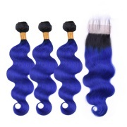 #T 1B/Blue Body Wave Ombre Colored Hair Bundles With Lace Closure 4X4 JCXT-382