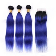 #T 1B/Blue Straight Ombre Colored Hair Bundles With Lace Closure 4X4 JCXT-381