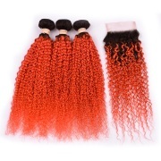 #T 1B/Orange Red Kinky Curly Ombre Colored Hair Bundles With Lace Closure 4X4 JCXT-267