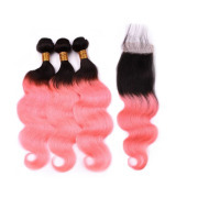 #T 1B/Pink Body Wave Ombre Colored Hair Bundles With Lace Closure 4X4 JCXT-383