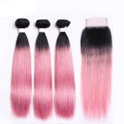 #T 1B/Rose Pink Straight Ombre Colored Hair Bundles With Lace Closure 4X4 JCXT-176