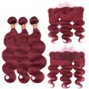 Burgundy Body Wave Pure Colored Hair Weaves With Lace Frontal 13X4 JCXT-95
