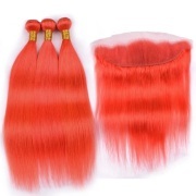 Orange Red Straight Pure Colored Hair Weaves With Lace Frontal 13X4 JCXT-80