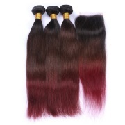 #T 1B/4/99J Straight Remy Human Hair Ombre Colored Hair Bundles With Lace Closure 4X4 JCXT-38