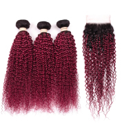 #T 1B/Burgundy Kinky Curly Ombre Colored Hair Bundles With Lace Closure 4X4 JCXT-356