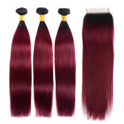 #T 1B/Burgundy Straight Ombre Colored Hair Bundles With Lace Closure 4X4 JCXT-57
