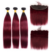 #T 1B/Burgundy Straight Remy Human Hair Weave With Lace Frontal 13X4 JCXT-199