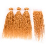 Orange Kinky Curly Pure Colored Hair Bundles With Lace Closure 4X4 JCXT-388