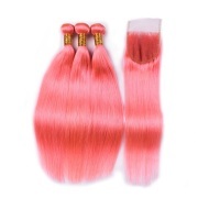 Pink Straight Pure Colored Hair Bundles With Lace Closure 4X4 JCXT-386