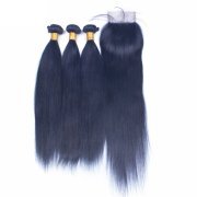 Dark Blue Straight Pure Colored Hair Bundles With Lace Closure 4X4 JCXT-392