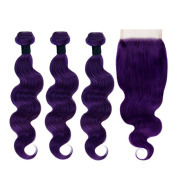 Dark Purple Body Wave Pure Colored Hair Bundles With Lace Closure 4X4 JCXT-391