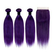Dark Purple Straight Pure Colored Hair Bundles With Lace Closure 4X4 JCXT-390