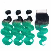 #T 1B/Jade Green Body Wave Ombre Colored Hair Bundles With Lace Closure 4X4 JCXT-397