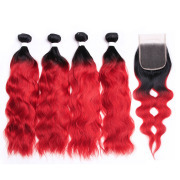 #T 1B/Red Natural Wave Ombre Colored Hair Bundles With Lace Closure 4X4 JCXT-400