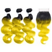 #T 1B/Yellow Body Wave Ombre Colored Hair Bundles With Lace Closure 4X4 JCXT-144