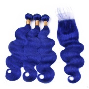 Blue Body Wave Pure Colored Hair Bundles With Lace Closure 4X4 JCXT-14