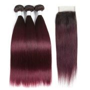 #T 1B/99J Dark Wine Straight Ombre Colored Hair Bundles With Lace Closure 4X4 JCXT-136