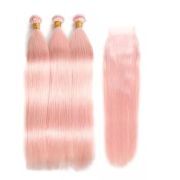 Light Pink Straight Pure Colored Hair Bundles With Lace Closure 4X4 JCXT-411