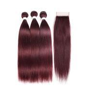 #99J Dark Wine Straight Pure Colored Hair Bundles With Lace Closure 4X4 JCXT-192