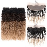 #T 1B/4/27 Kinky Curly Ombre Colored Hair Weaves With Lace Frontal 13X4 JCXT-437