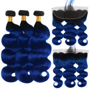 #T 1B/Dark Blue Body Wave Ombre Colored Hair Weaves With Lace Frontal 13X4 JCXT-428