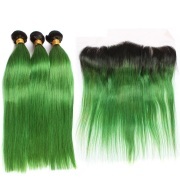 #T 1B/Emerald Green Straight Ombre Colored Hair Weaves With Lace Frontal 13X4 JCXT-433