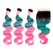 #T 1B/Green/Pink Body Wave Ombre Colored Hair Bundles With Lace Closure 4X4 JCXT-405
